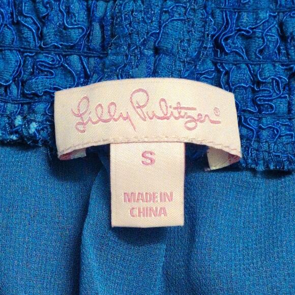 Lilly Pulitzer Tobyn Top Cobalt Blue Lace OTS Blouse Tiered Sleeves Size S - Picture 7 of 10